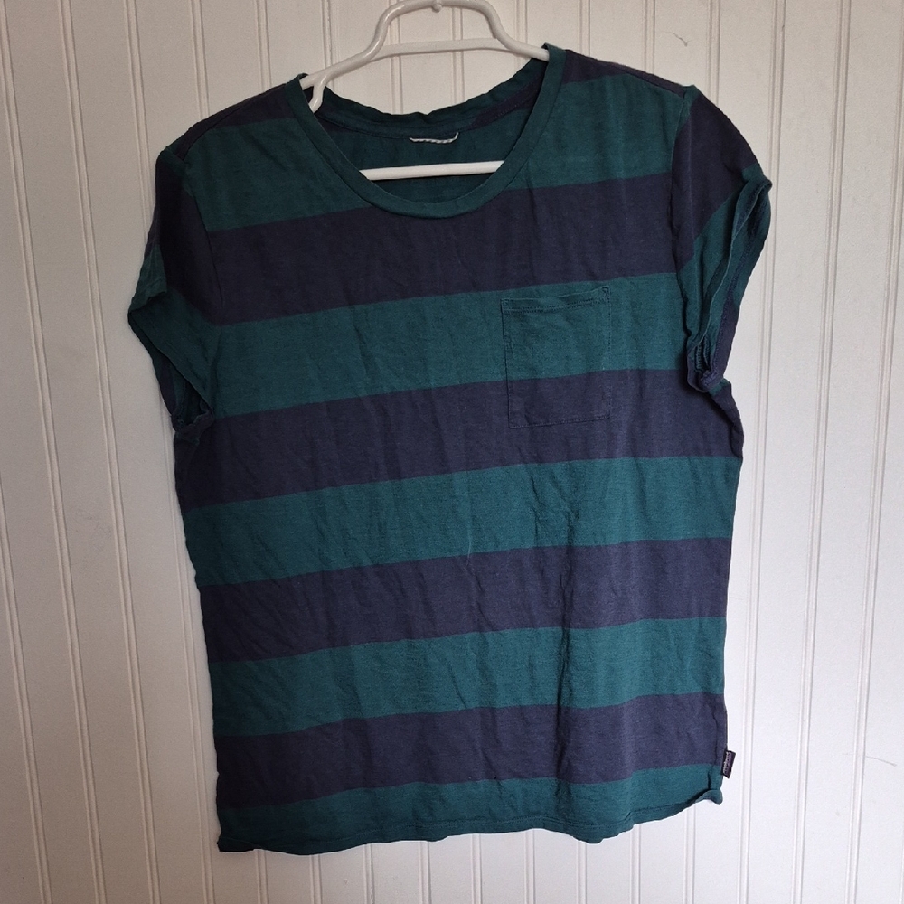 Patagonia Mainstay Tee, Blue & Green striped, XL